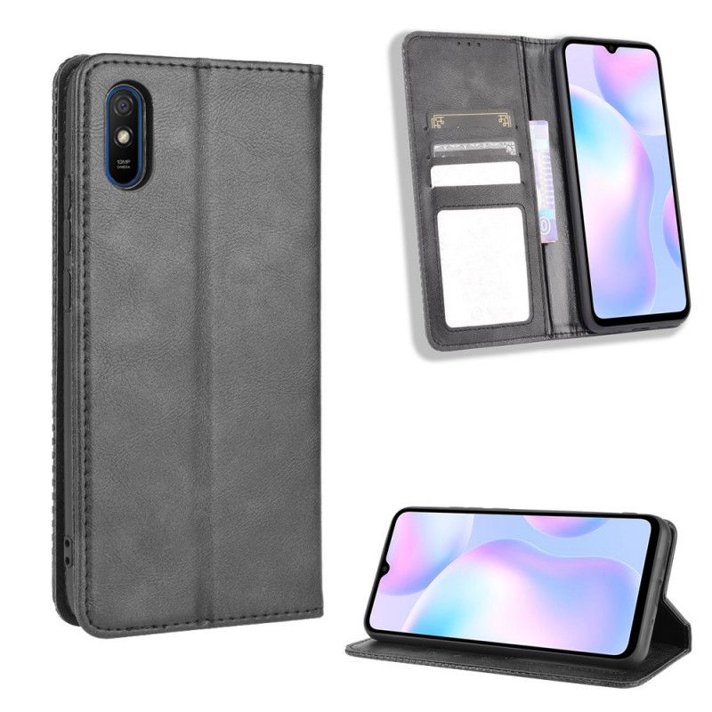 Flip Case Xiaomi Redmi 9A Schwarz Stilisierter Vintage-Ledereffekt