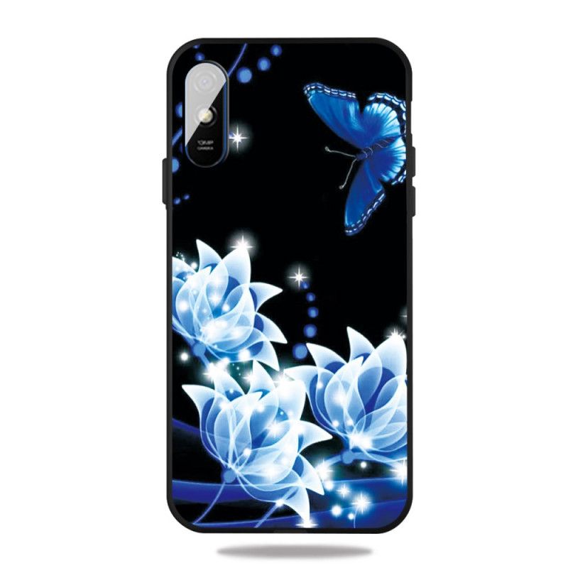 Hülle Xiaomi Redmi 9A Handyhülle Schmetterling Und Blaue Blüten