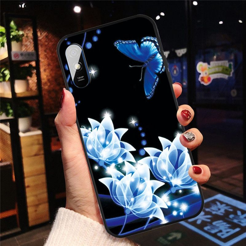 Hülle Xiaomi Redmi 9A Handyhülle Schmetterling Und Blaue Blüten