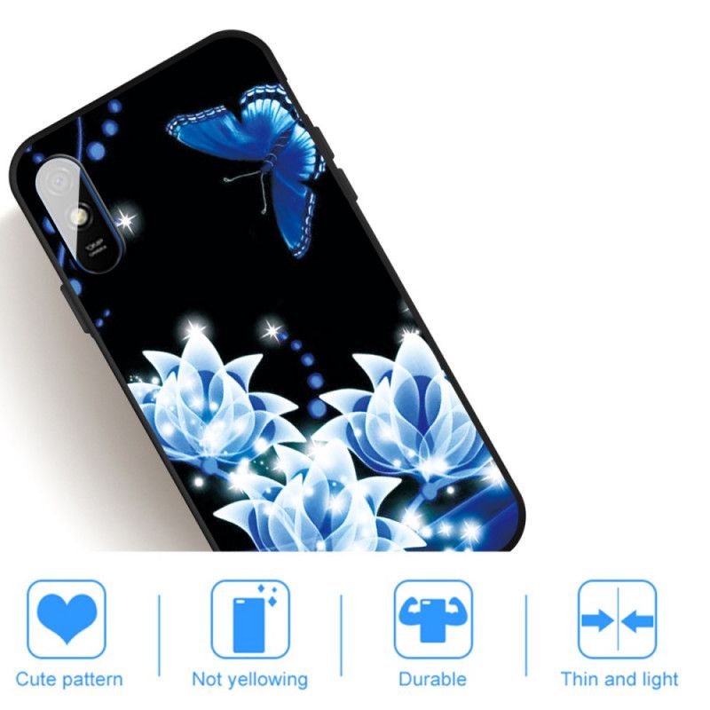 Hülle Xiaomi Redmi 9A Handyhülle Schmetterling Und Blaue Blüten