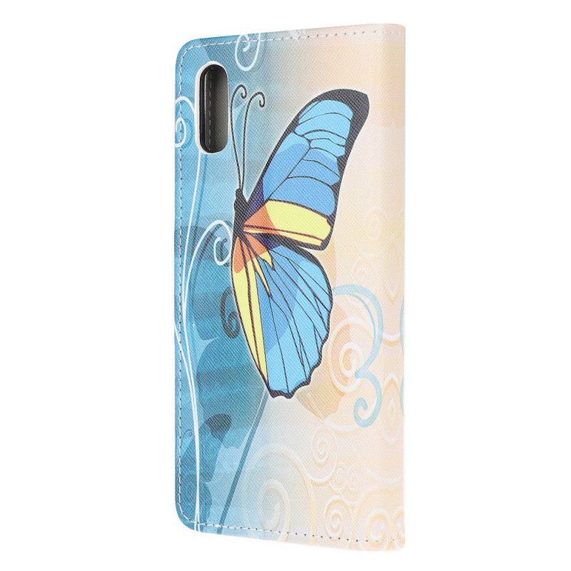 Lederhüllen Für Xiaomi Redmi 9A Blauer Und Gelber Schmetterling