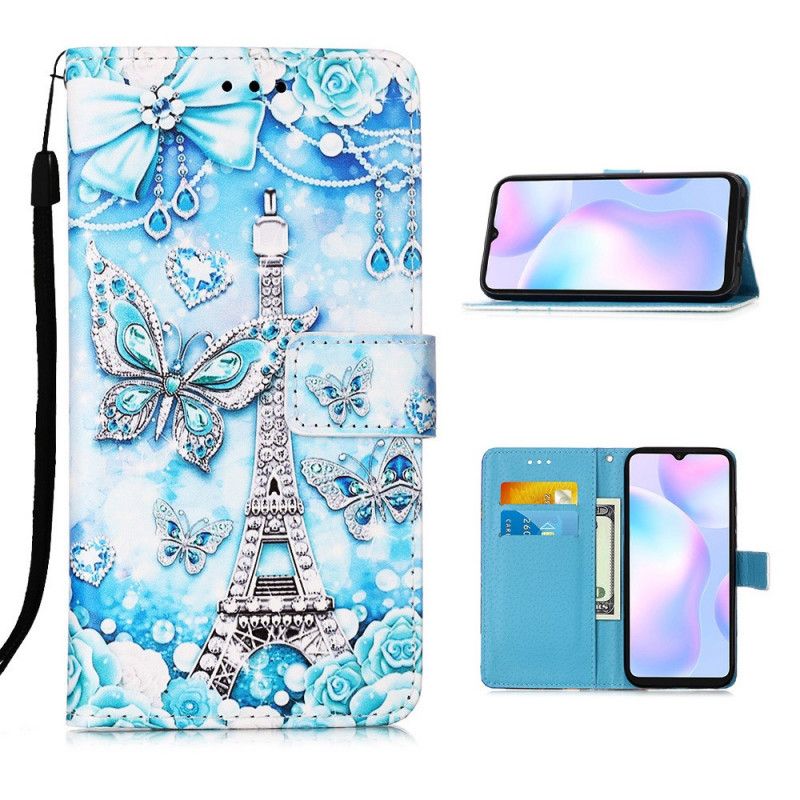 Lederhüllen Xiaomi Redmi 9A Eiffelturm-Schmetterlingsband