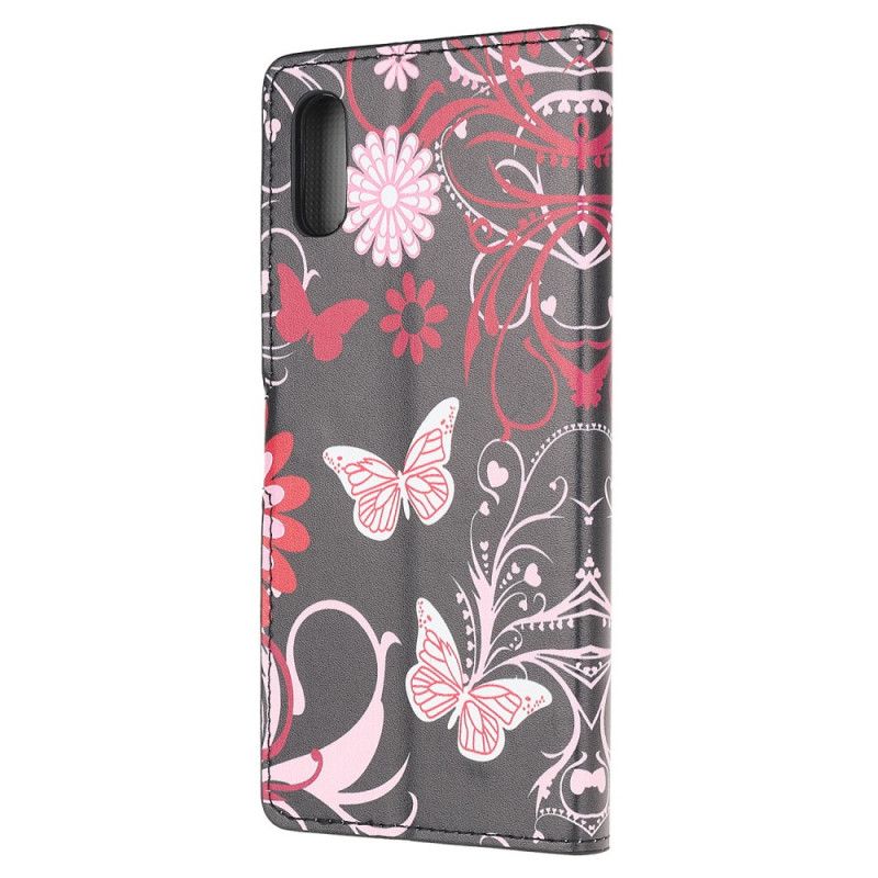Lederhüllen Xiaomi Redmi 9A Schwarz Schmetterlinge Und Blumen