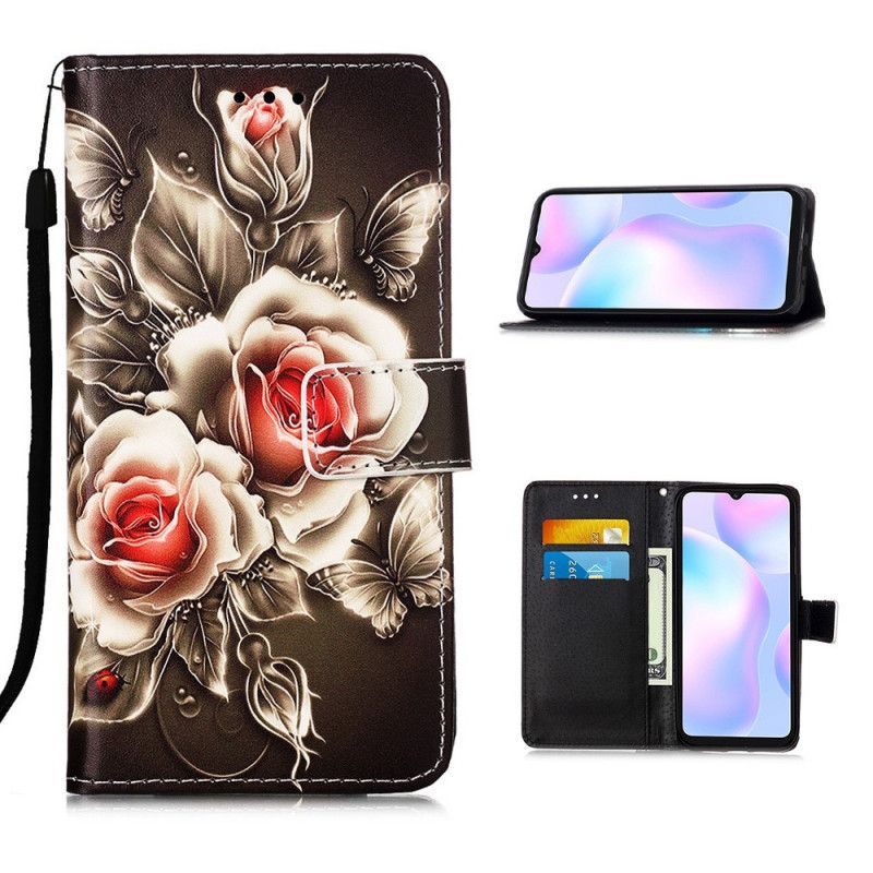 Lederhüllen Xiaomi Redmi 9A Schwarze Rose Mit Riemen