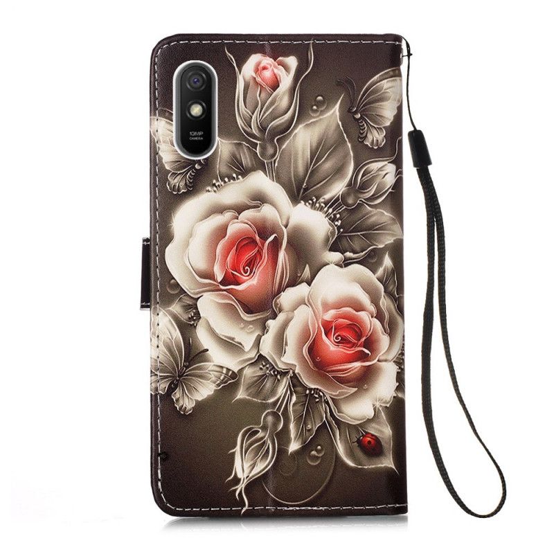 Lederhüllen Xiaomi Redmi 9A Schwarze Rose Mit Riemen