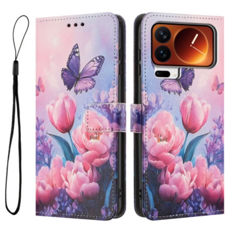 Lederhüllen Für Xiaomi 17 Pro Schmetterlinge Und Rosa Blumen