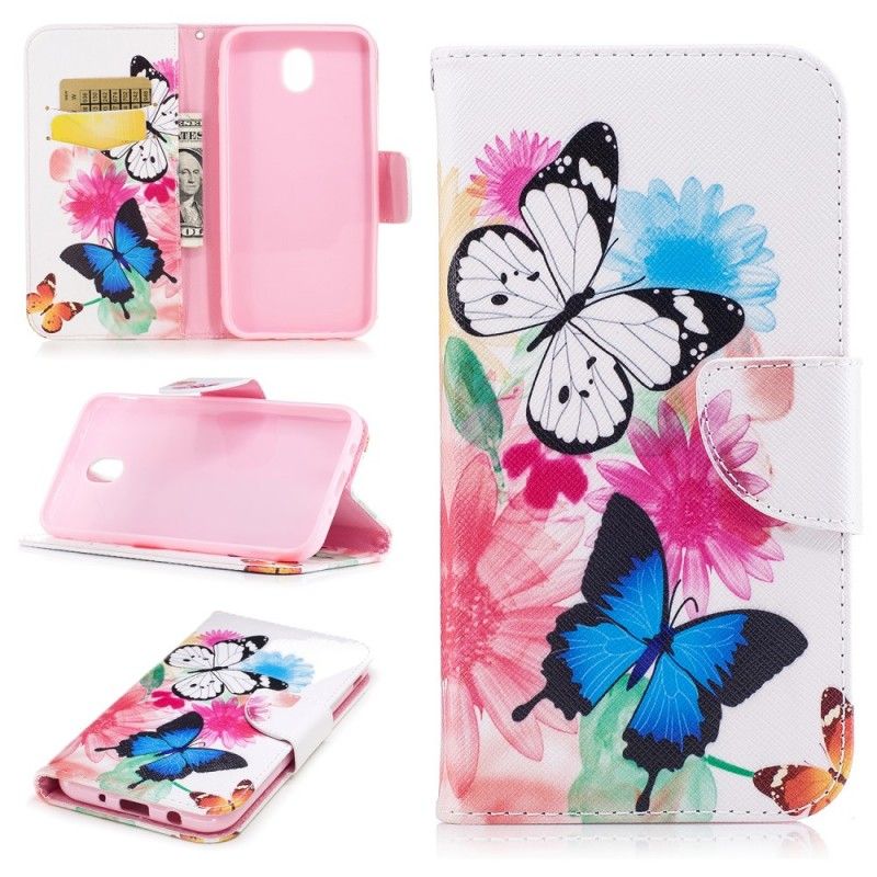 Lederhüllen Samsung Galaxy J5 2017 Pink Bemalte Schmetterlinge Und Blumen