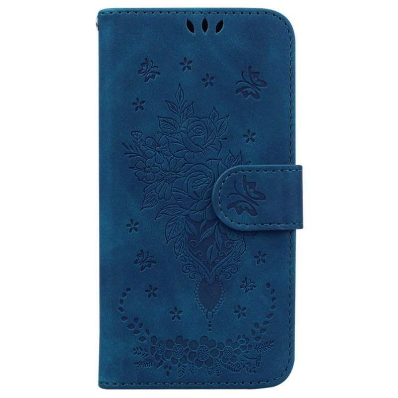 Flip Case Für OnePlus 10 Pro 5G Mit Kordel Riemchenrosen Und Schmetterlinge