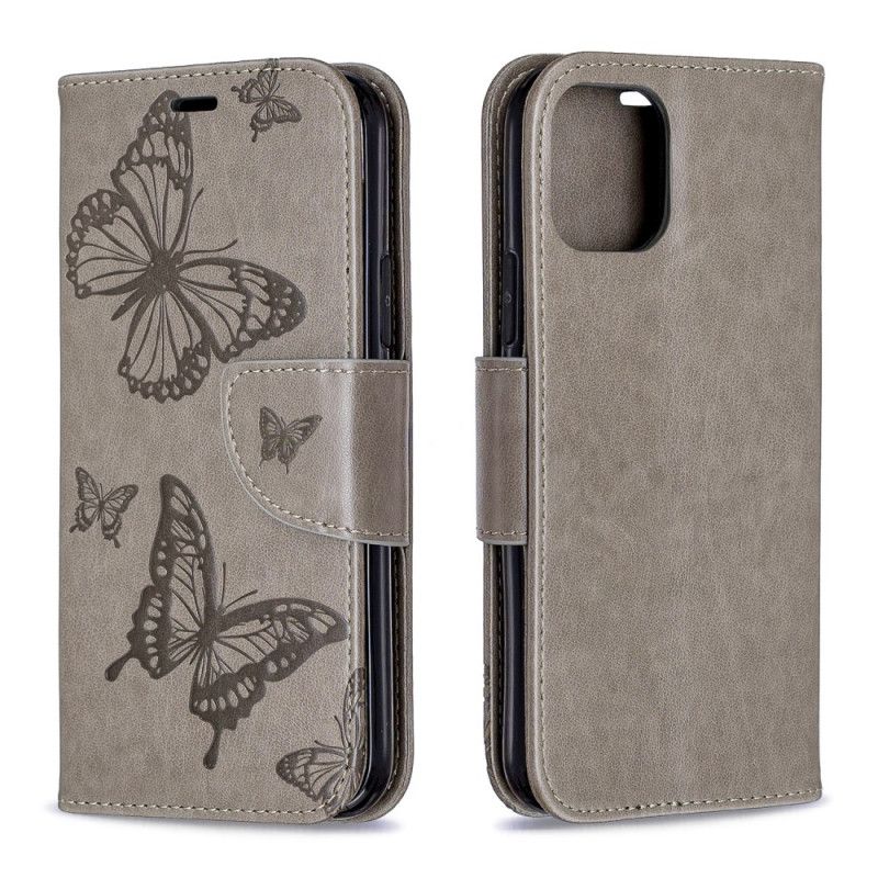 Lederhüllen iPhone 11 Pro Grau Bedruckte Schmetterlinge Mit Tanga