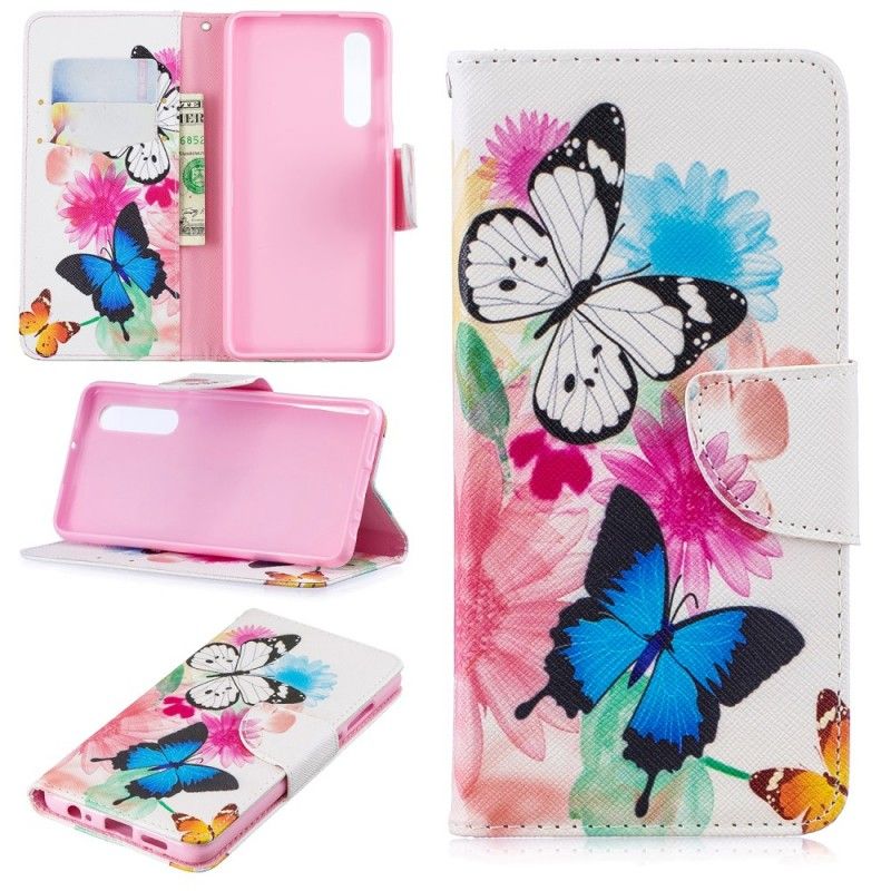 Lederhüllen Huawei P30 Magenta Bemalte Schmetterlinge Und Blumen