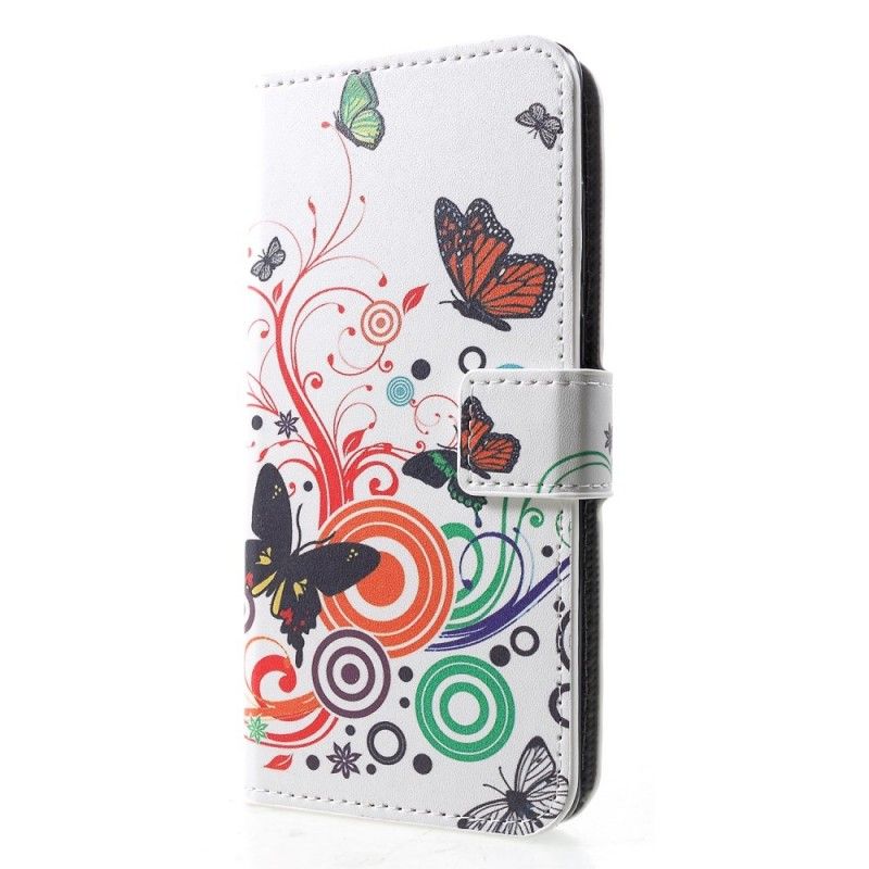 Lederhüllen Huawei P30 Schwarz Schmetterlinge Und Blumen