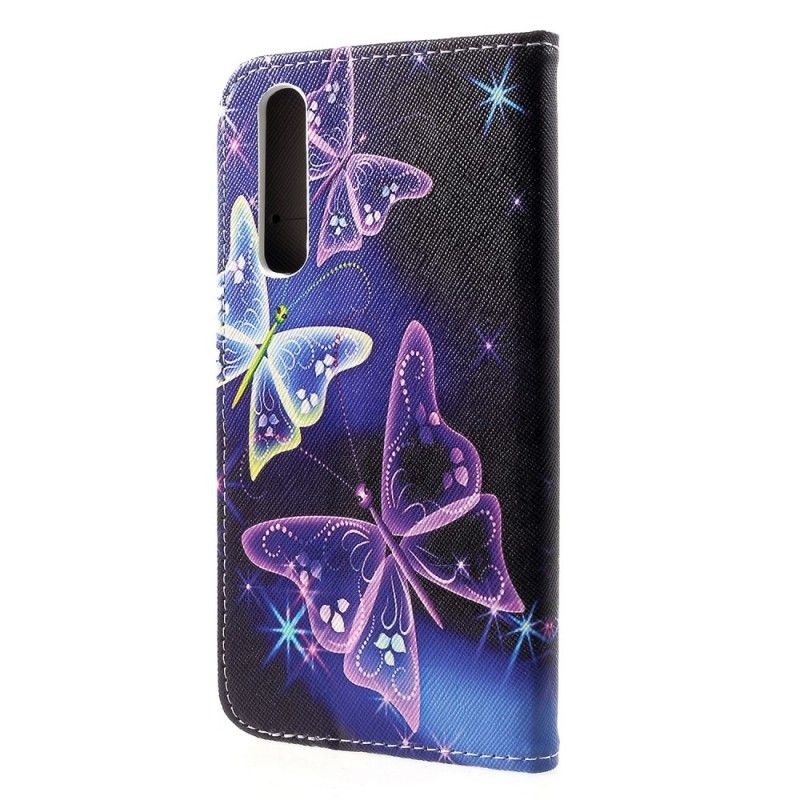 Lederhüllen Huawei P30 Schwarz Schmetterlinge Und Blumen