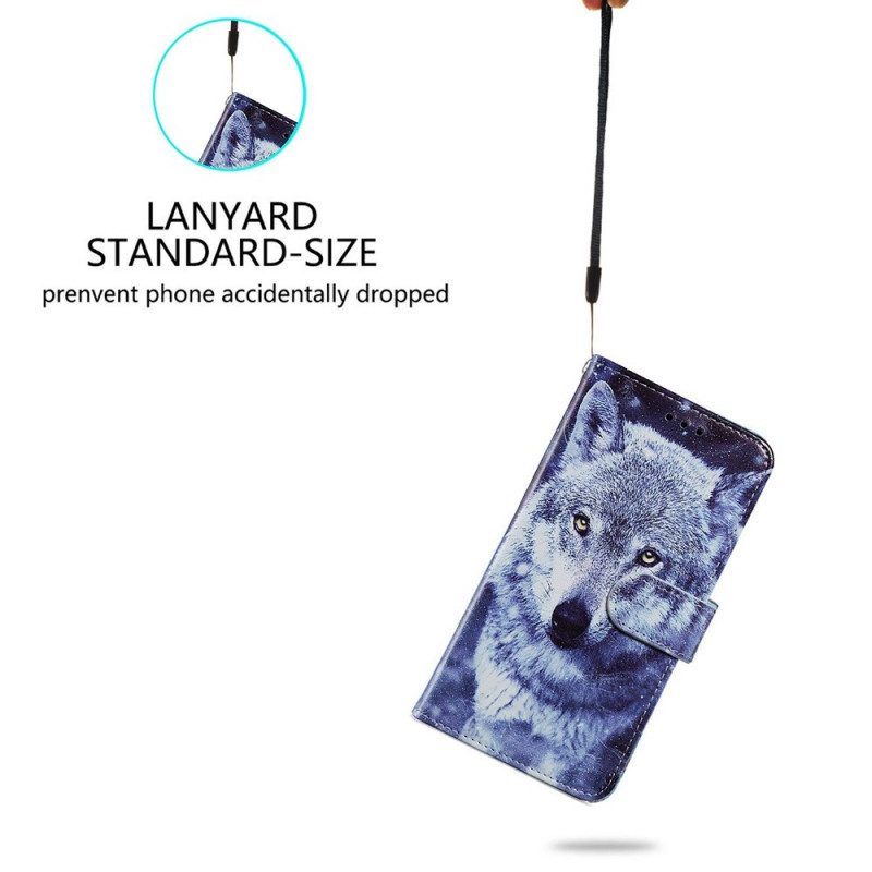 Flip Case Für Samsung Galaxy A13 Hervorragender Wolf Mit Schlüsselband