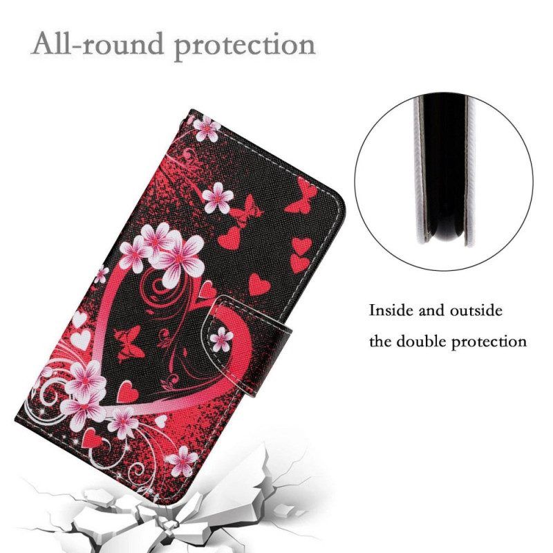 Lederhüllen Für Samsung Galaxy A13 Blumen Und Herzen Mit Schlüsselband