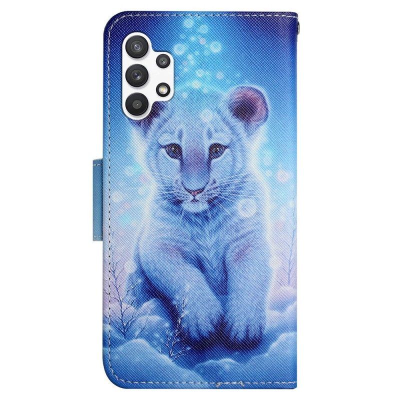 Lederhüllen Für Samsung Galaxy A13 Weißer Tiger Mit Schlüsselband