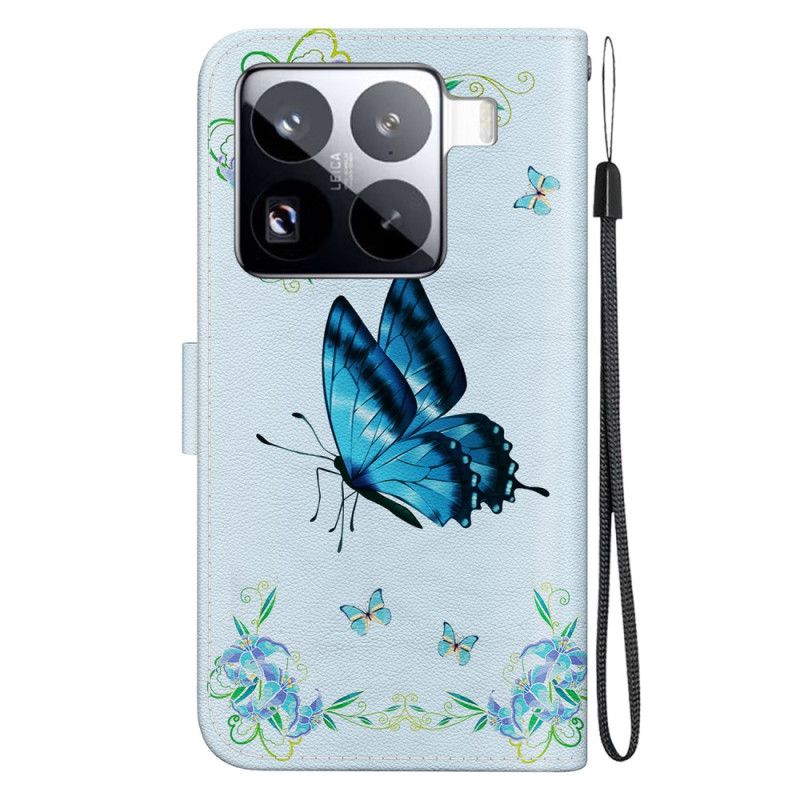 Lederhüllen Xiaomi 15 Pro Schmetterling Und Blaue Blumen