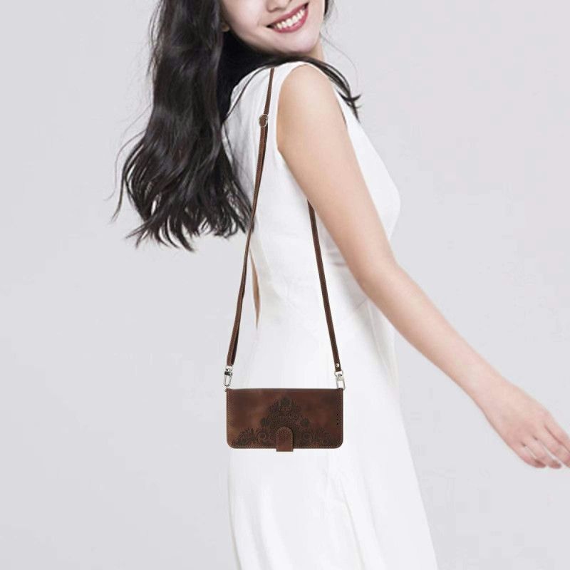 Lederhüllen Xiaomi 15 Pro Wildlederoptik Mit Blumenmuster Riemen Und Schultergurt Tragegurt