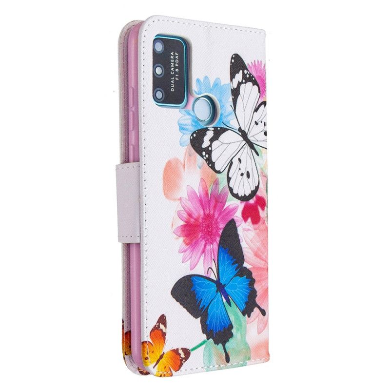 Lederhüllen Honor 9A Magenta Bemalte Schmetterlinge Und Blumen