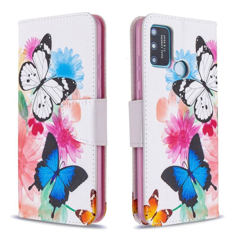 Lederhüllen Honor 9A Magenta Bemalte Schmetterlinge Und Blumen