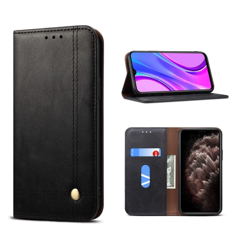 Flip Case Xiaomi Redmi 9C Schwarz Genähter Ledereffekt