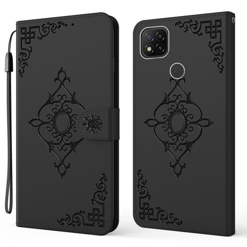 Lederhüllen Für Xiaomi Redmi 9C Schwarz Barockblume Mit Riemen