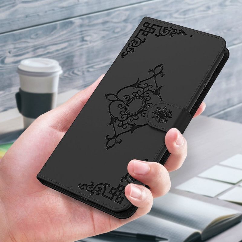 Lederhüllen Für Xiaomi Redmi 9C Schwarz Barockblume Mit Riemen