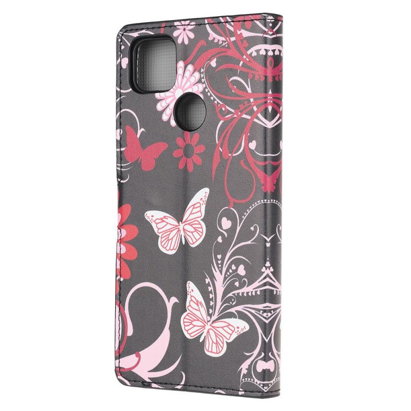 Lederhüllen Für Xiaomi Redmi 9C Schwarz Schmetterlinge Und Blumen