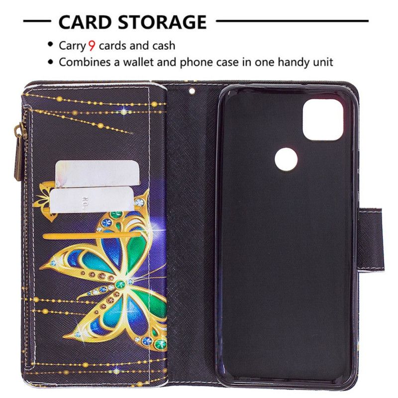 Lederhüllen Für Xiaomi Redmi 9C Schwarz Schmetterlingstasche Mit Reißverschluss