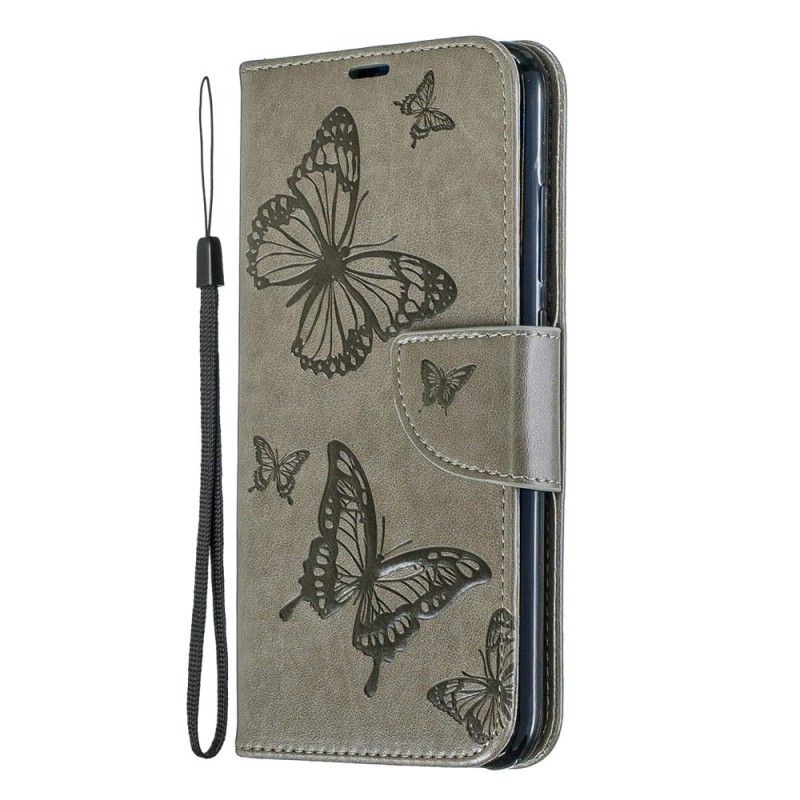 Lederhüllen Für Xiaomi Redmi Note 7 Grau Bedruckte Schmetterlinge Mit Tanga