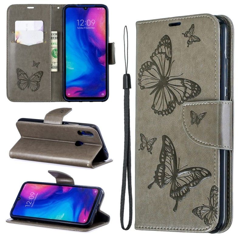 Lederhüllen Für Xiaomi Redmi Note 7 Grau Bedruckte Schmetterlinge Mit Tanga