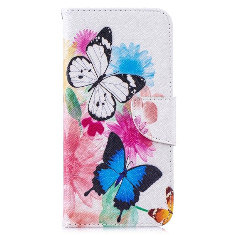 Lederhüllen Xiaomi Redmi Note 7 Magenta Bemalte Schmetterlinge Und Blumen