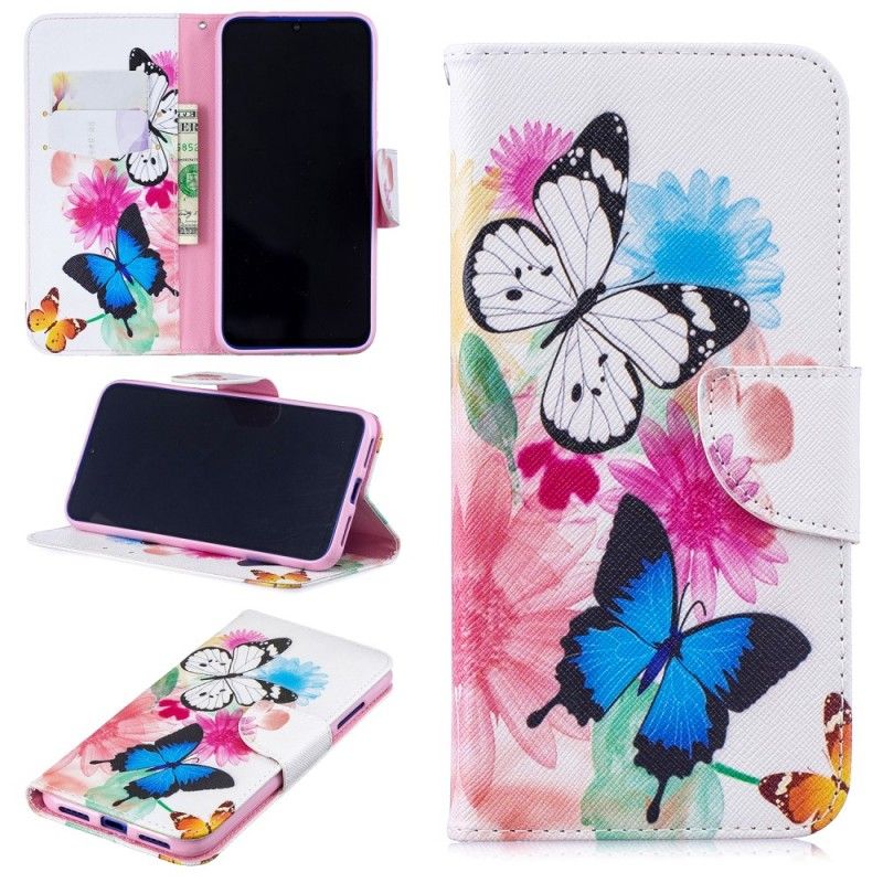 Lederhüllen Xiaomi Redmi Note 7 Magenta Bemalte Schmetterlinge Und Blumen