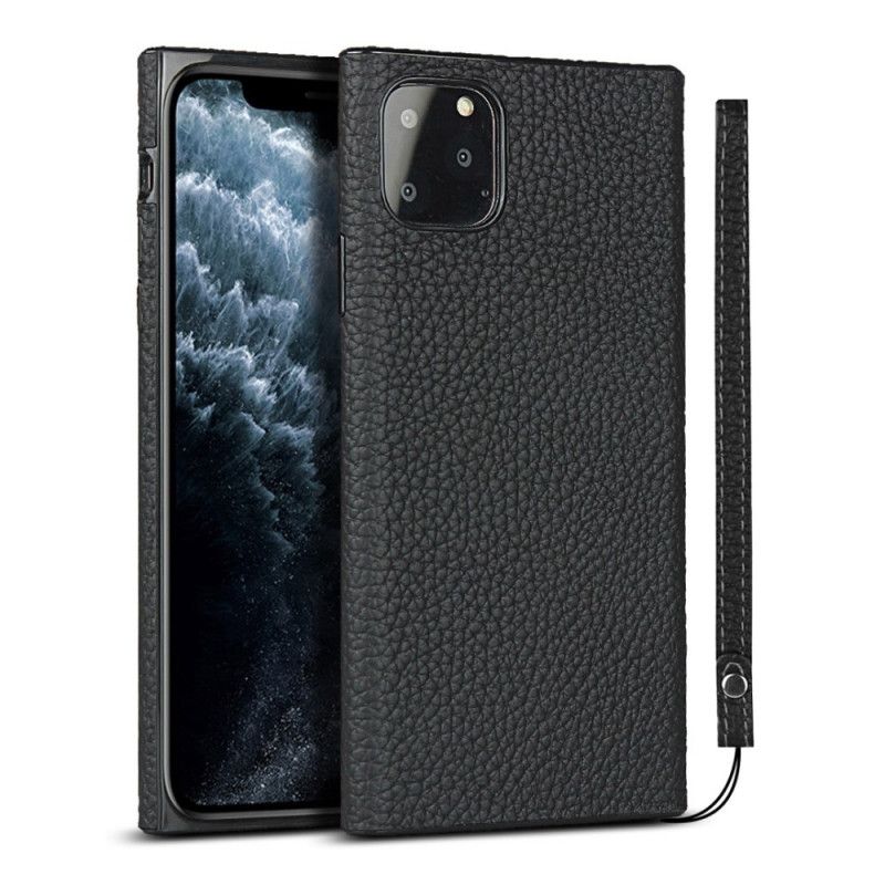 Hülle Für iPhone 11 Pro Max Schwarz Echtes Litschileder Mit Riemen