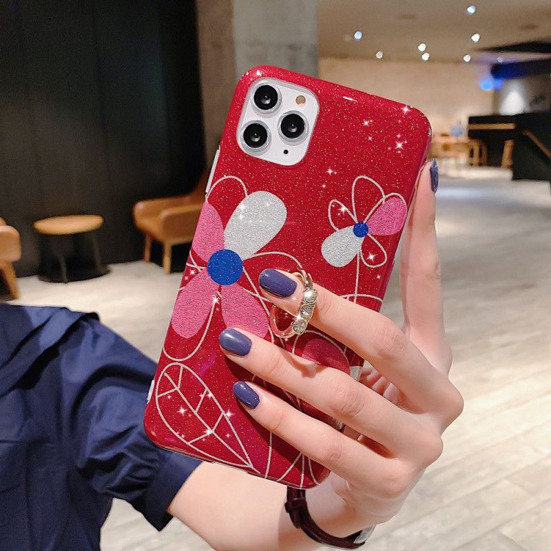 Hülle iPhone 11 Pro Max Rot Pailletten Mit Blumenringhalter