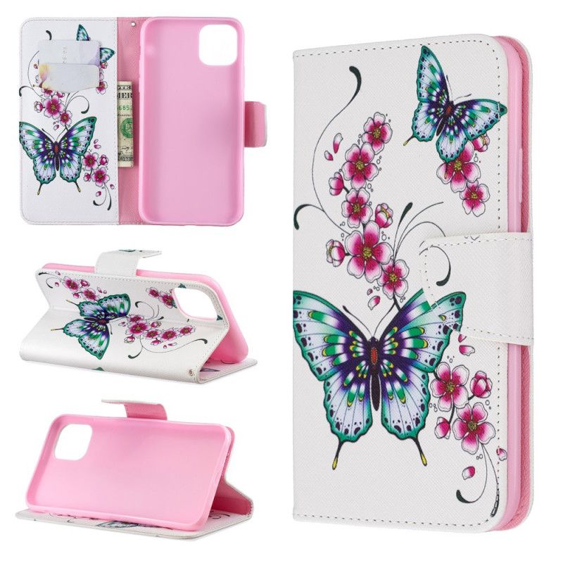 Lederhüllen Für iPhone 11 Pro Max Dunkelblau Erstaunliche Schmetterlinge
