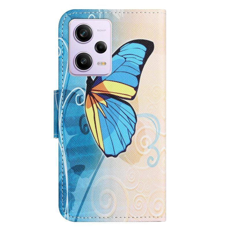 Flip Case Für Xiaomi Redmi Note 12 5G Mit Kordel Erhabene Schmetterlinge Mit Riemen