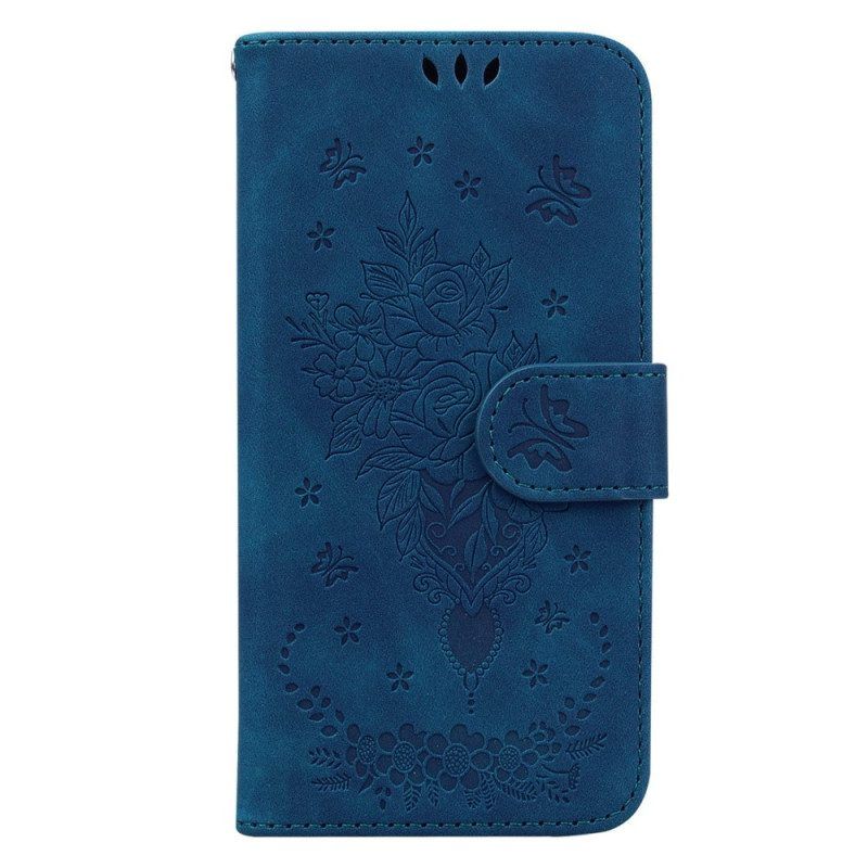 Flip Case Für Xiaomi Redmi Note 12 5G Mit Kordel Riemchenrosen Und Schmetterlinge