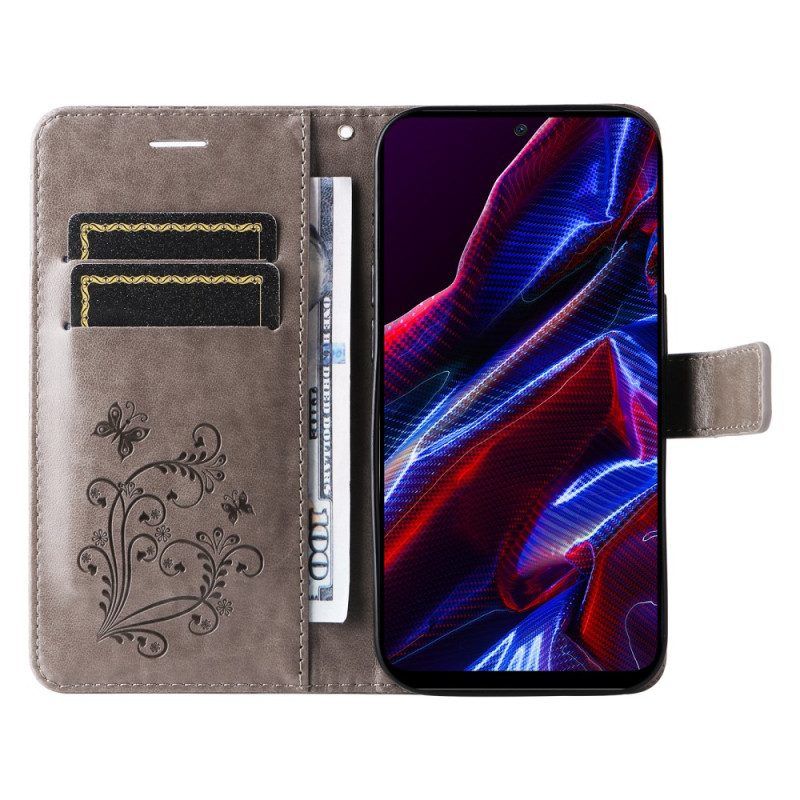 Flip Case Für Xiaomi Redmi Note 12 5G Mit Kordel Riesige Riemenschmetterlinge
