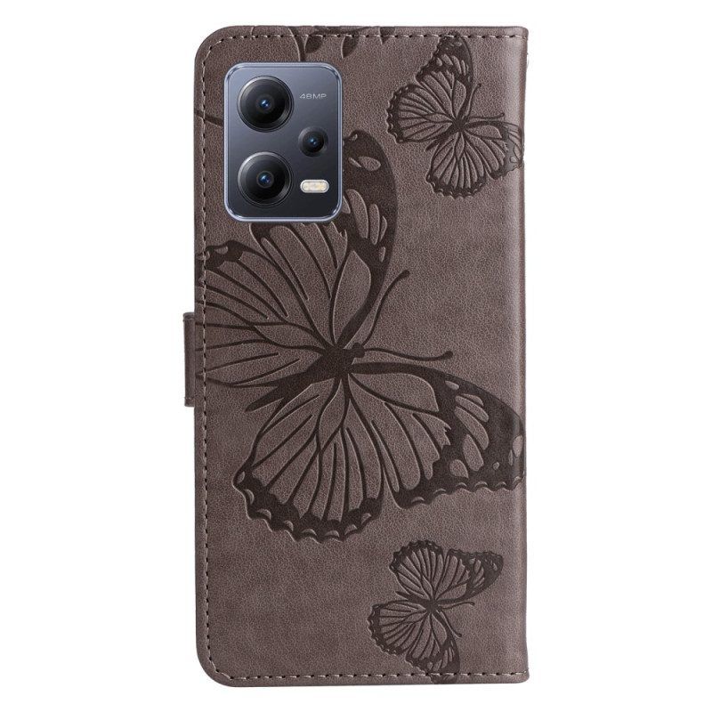 Flip Case Für Xiaomi Redmi Note 12 5G Mit Kordel Riesige Riemenschmetterlinge