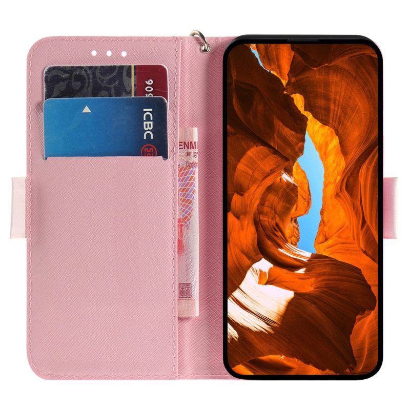 Flip Case Für Xiaomi Redmi Note 12 5G Mit Kordel Weiße Riemchenblumen
