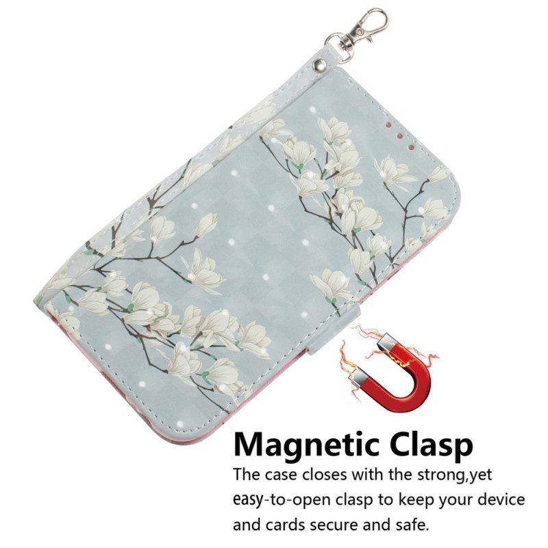 Flip Case Für Xiaomi Redmi Note 12 5G Mit Kordel Weiße Riemchenblumen