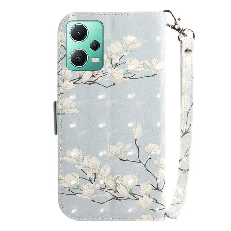 Flip Case Für Xiaomi Redmi Note 12 5G Mit Kordel Weiße Riemchenblumen