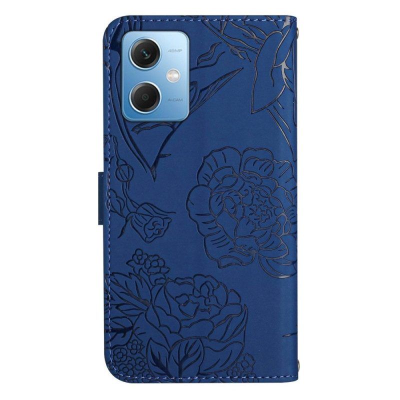 Flip Case Für Xiaomi Redmi Note 12 5G Schmetterlinge Und Schultergurt
