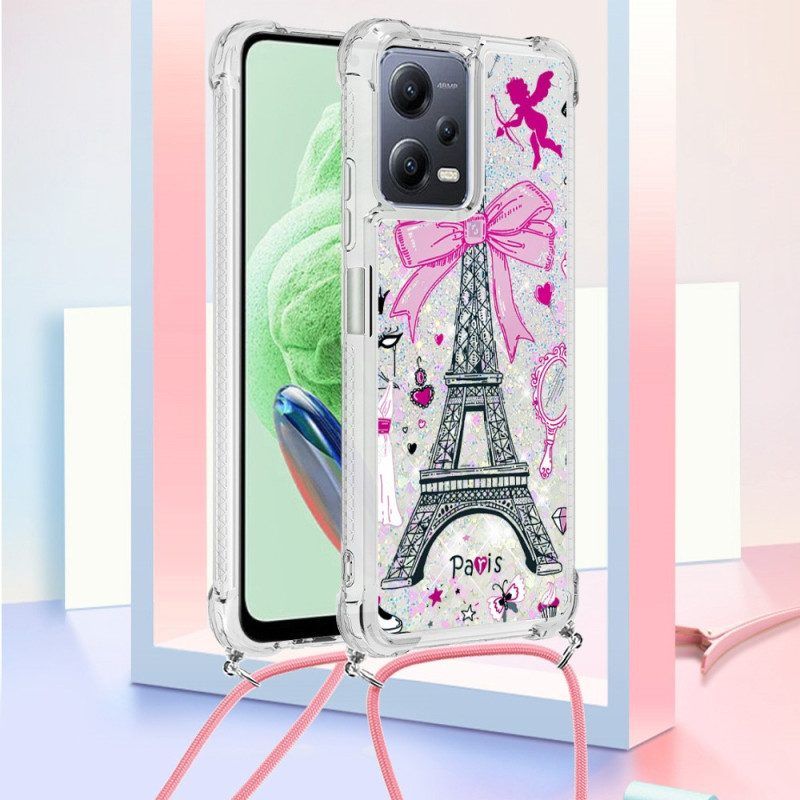 Hülle Für Xiaomi Redmi Note 12 5G Mit Kordel Eiffelturm-glitzer-kordelzug