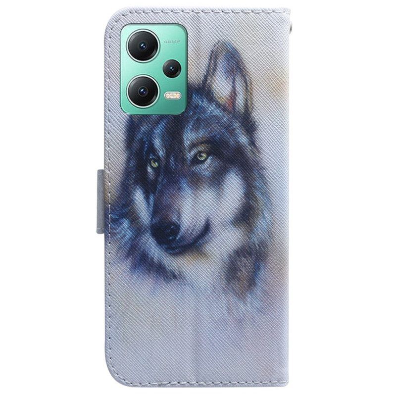 Lederhüllen Für Xiaomi Redmi Note 12 5G Mit Kordel Riemchen-aquarell-wolf