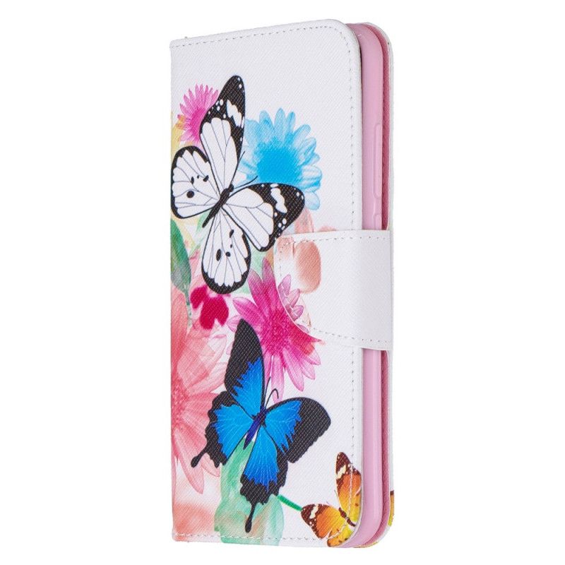 Lederhüllen Xiaomi Redmi Note 8 Magenta Bemalte Schmetterlinge Und Blumen