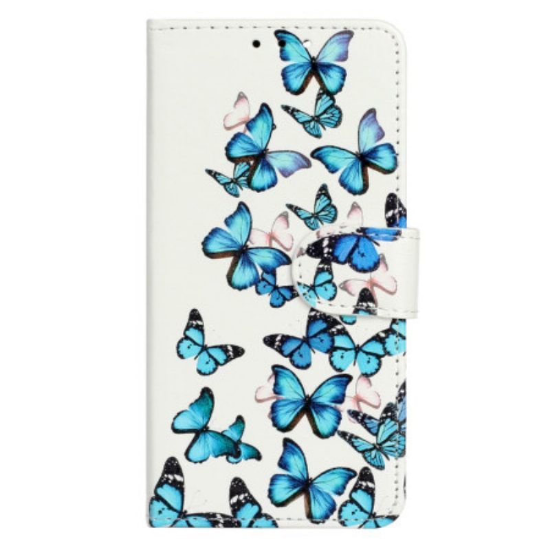 Flip Case Für Moto G73 5G Mit Kordel Blaue Schmetterlinge Im Riemenflug