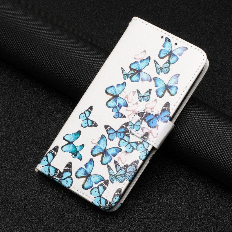 Flip Case Für Moto G73 5G Mit Kordel Blaue Schmetterlinge Im Riemenflug