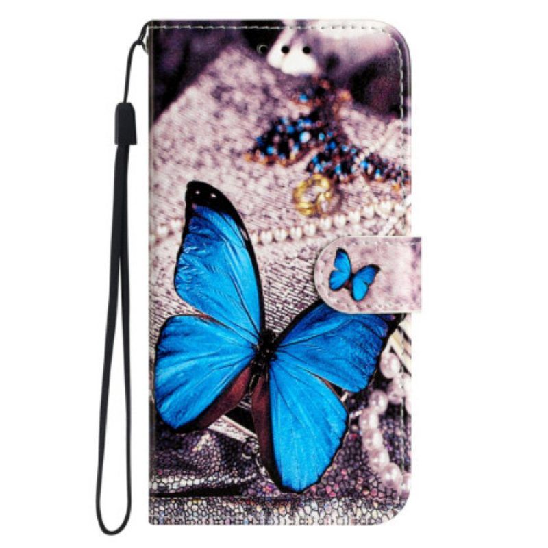Flip Case Für Moto G73 5G Mit Kordel Kostbarer Blauer Schmetterling Mit Riemen