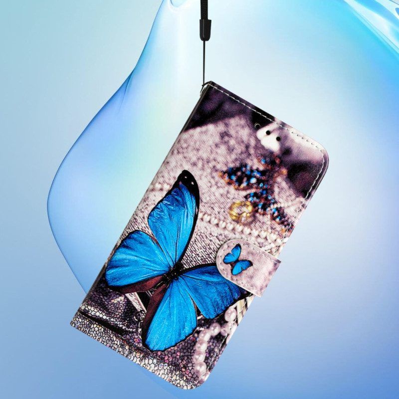 Flip Case Für Moto G73 5G Mit Kordel Kostbarer Blauer Schmetterling Mit Riemen